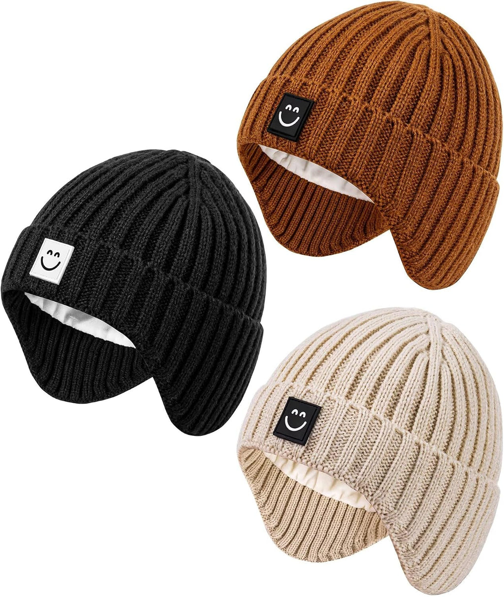 3 Pack Baby Beanie Hats with Earflaps, 2 Size Baby Winter Hat for Toddler Kids, Fleece Lined Knit Hat for Girls Boys