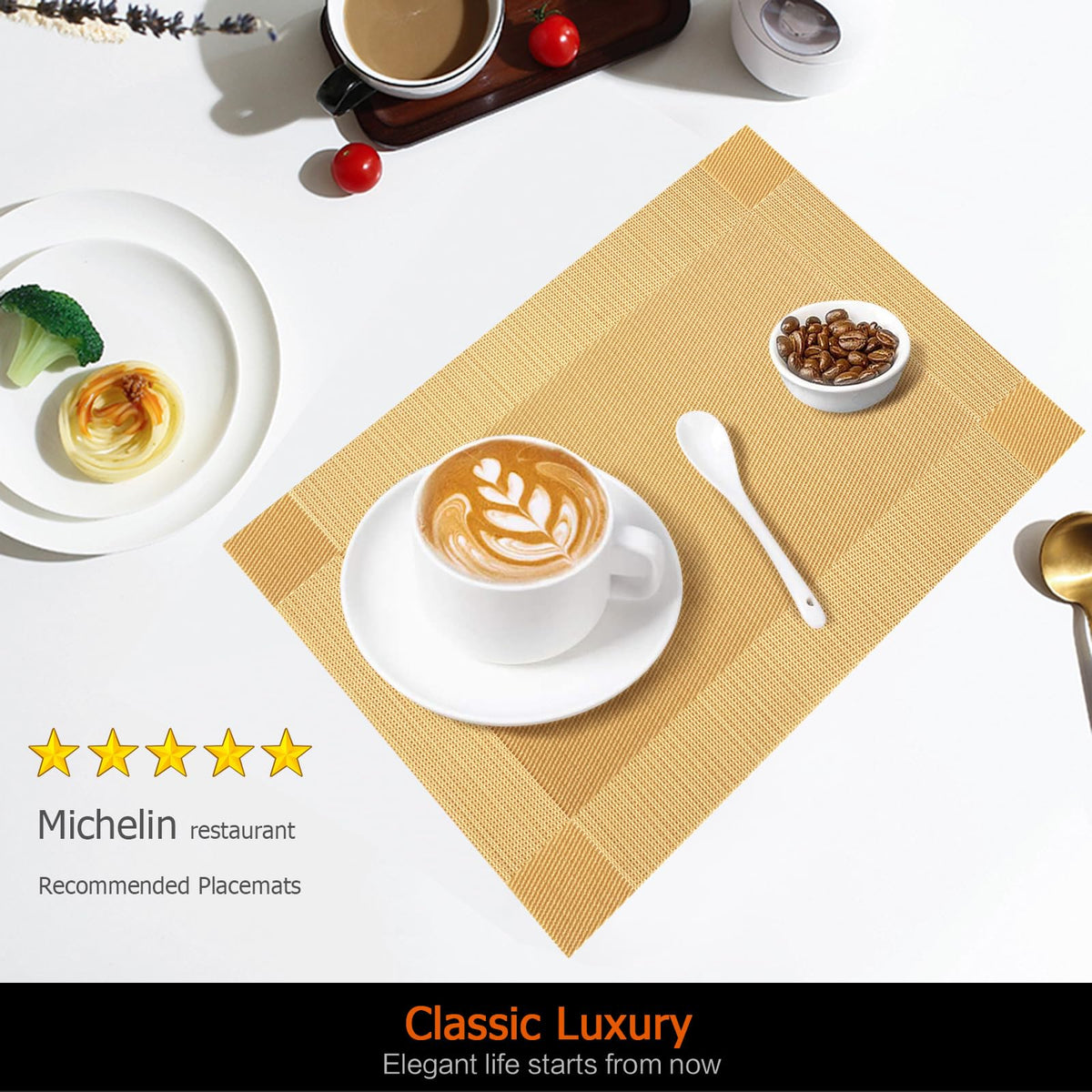 Gold Vinyl Placemats Set of 6, Heat Resistant Table Placemats