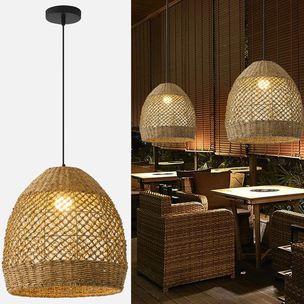 Rattan Pendant Light, 13.78" Boho Seagrass Chandelier