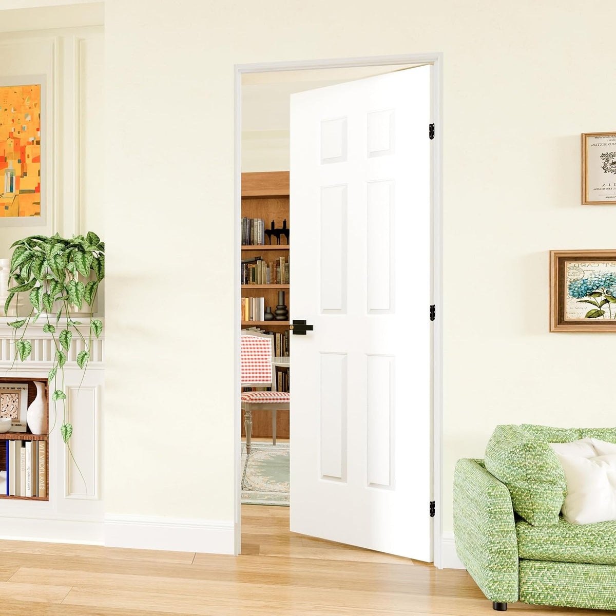 Prehung Door, 6-Panel Hollow Core Door Slab with Door Jamb Hardware Kit & Black Door Lever, 24" x 80" Interior Door for Closet Bedroom Laundry, Easy Assemble - Right Handed with Hinges