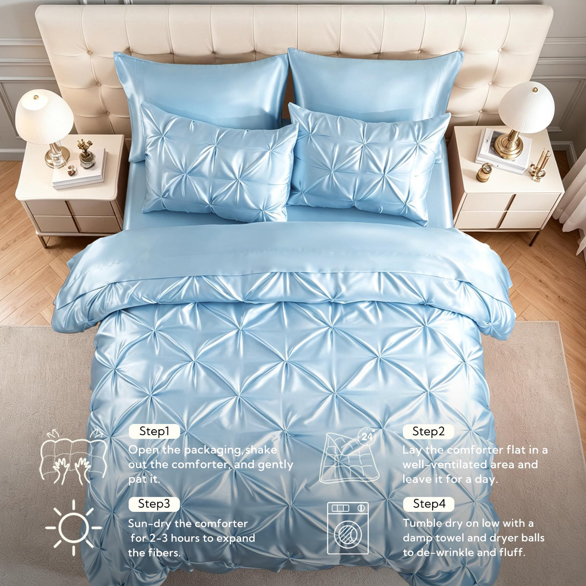Satin Comforter Set Light Blue, 7-Piece Pintuck Bed in A Bag