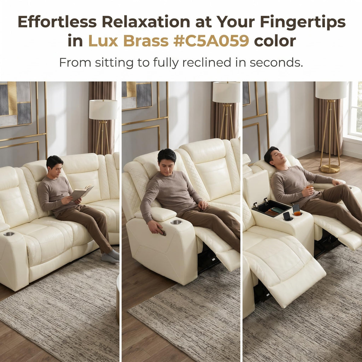 Power Reclining Sectional Sofa, Modern L-Shaped Air Leather Sectional Couch Set, Recliner Sofa Set, with LED Lights, Cup