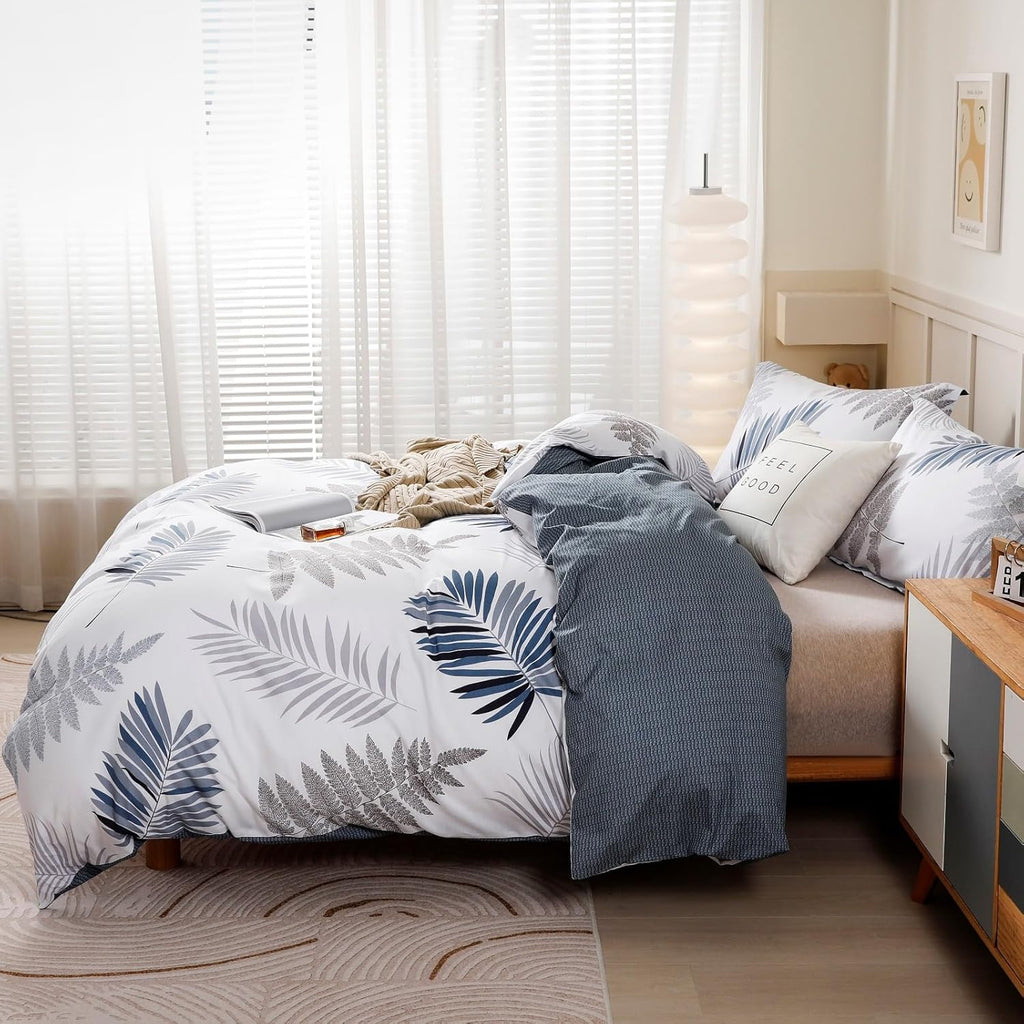 Duvet Cover Set,100% Cotton Comforter Cover with Leaf Pattern Duvet Cover Set,Soft Bedding Set Includes with 3 Piece, King Size