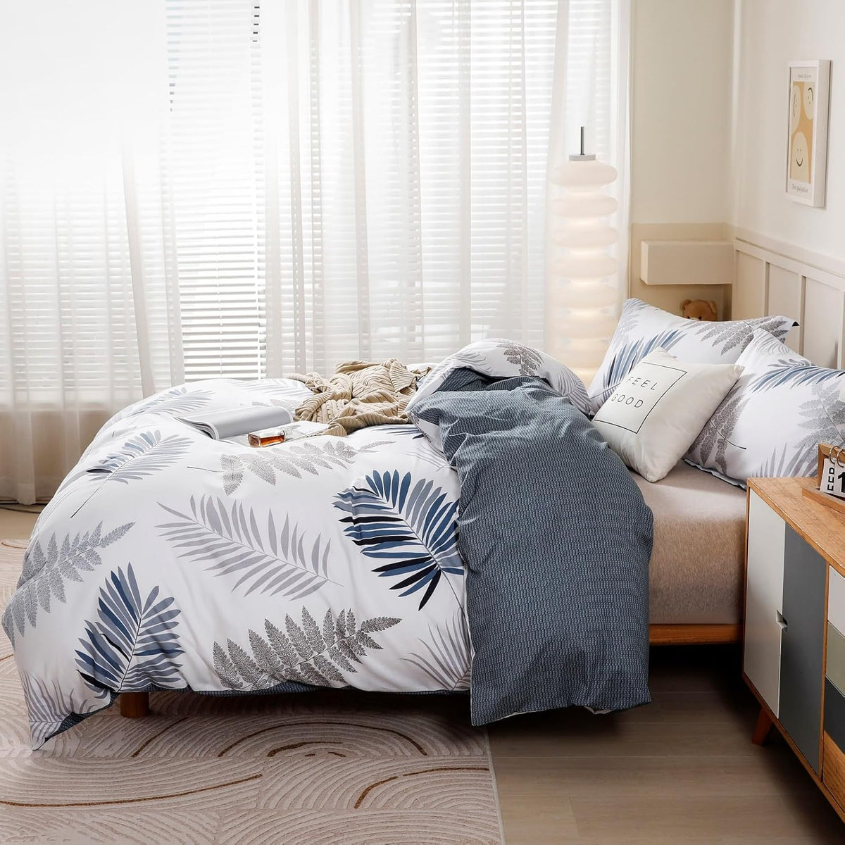 Duvet Cover Set,100% Cotton Comforter Cover with Leaf Pattern Duvet Cover Set,Soft Bedding Set Includes with 3 Piece, King Size