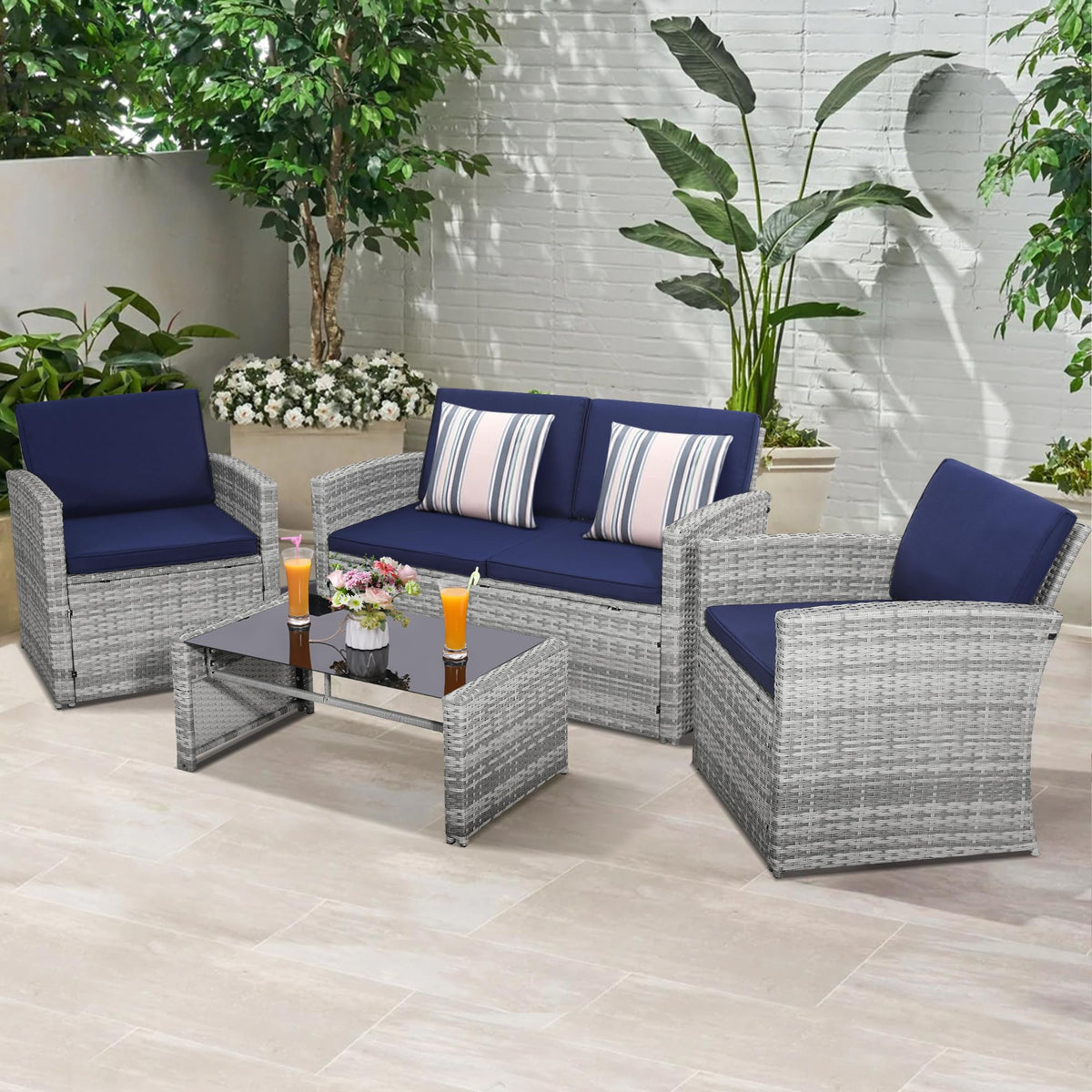 4 Piece Patio Furniture Set, Outdoor Wicker Conversation Set