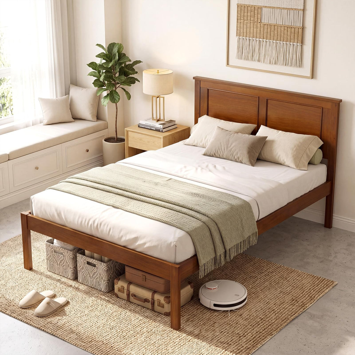 Twin Size Bed Frame, Farmhouse Wooden Platform Bed with Headboard