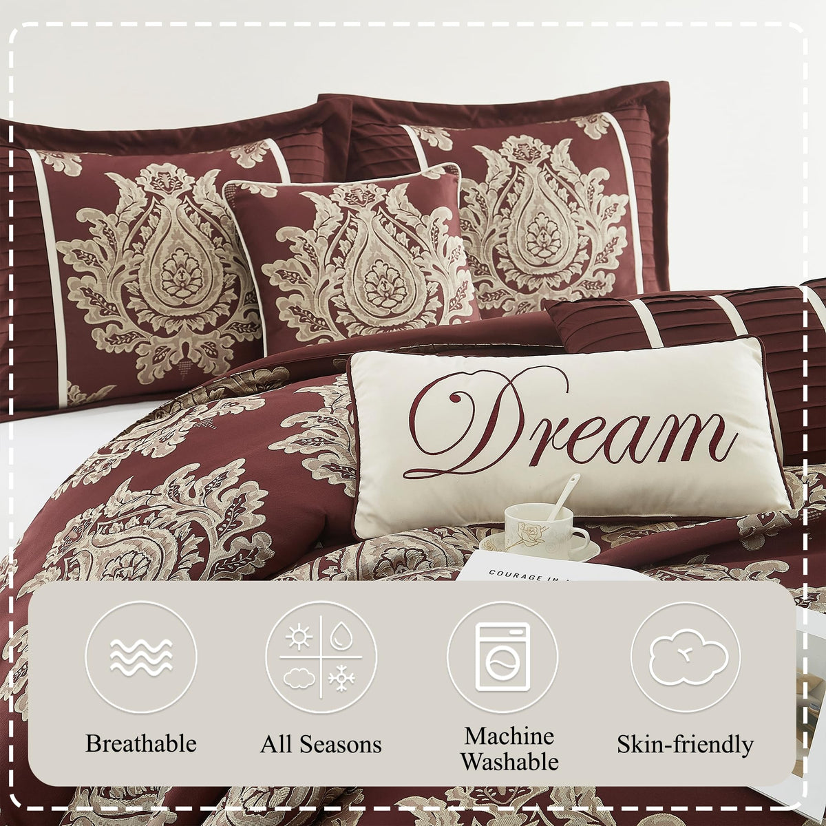 Burgundy Comforter Set, 7 Piece Damask Patchwork Bedding, Jacquard with Matching Solid Piecework Bedding