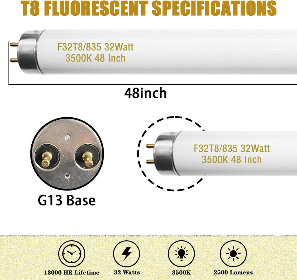 10 Pack, F32T8/835 32W T8 Fluorescent Tube Light Bulb 48 Inch, 3500K Warm White, 4 Foot Fluorescent Bulbs, G13 Medium