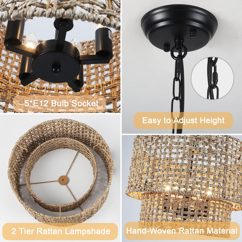 18.9" Boho Rattan Chandelier Light Fixture 5-Light Large Hand Woven Rustic Chandeliers Drum Wicker Farmhouse Hanging