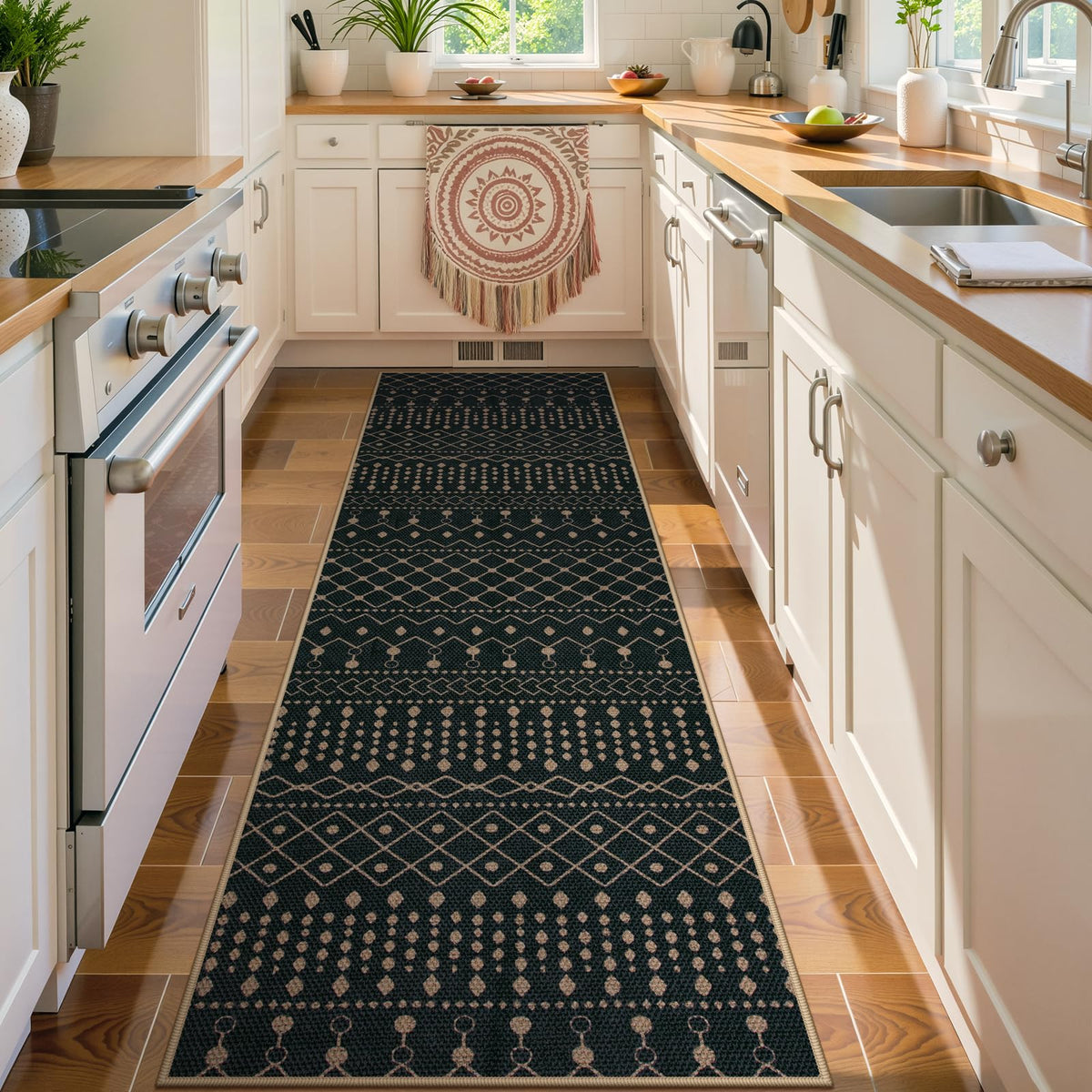 Moroccan Easy Jute Washable Runner Rug, 2x8 Black Kitchen Runner