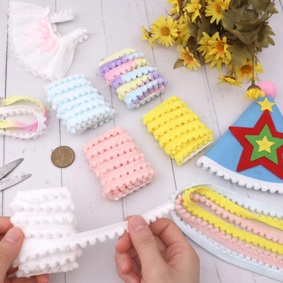 Mini Pom Pom Trim, 3/8 inch Tiny Edge Trim Narrow Ball Fringe Ribbon Decoration for DIY Crafts Doll Clothes - 10 Yards