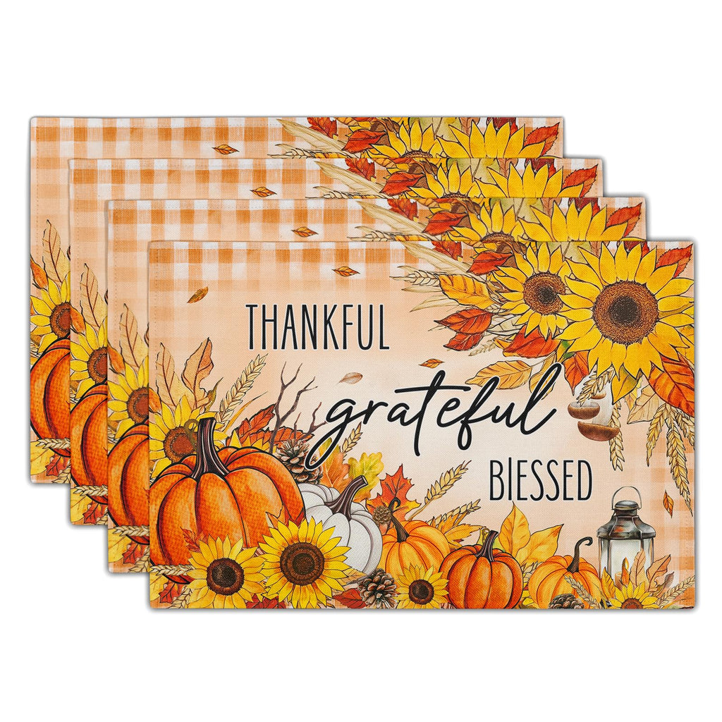 Fall Autumn Placemats, Thanksgiving Pumpkin Sunflower Thankful Grateful Blessed Linen Place Table Mats Washable Stain