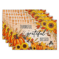 Fall Autumn Placemats, Thanksgiving Pumpkin Sunflower Thankful Grateful Blessed Linen Place Table Mats Washable Stain
