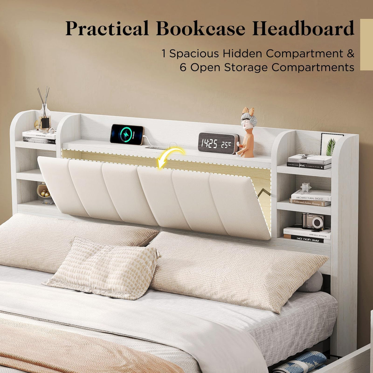 Bed Frame with Headboard & Charging Station, Rustic White