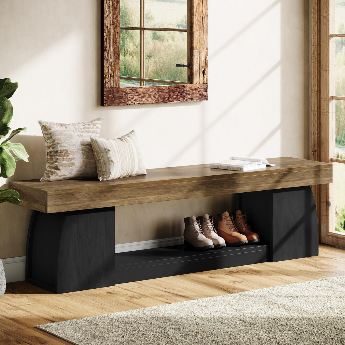 63" Entryway Bench with Storage, 2-Tier Farmhouse Long End of Bed Bench with Studry Frame, Narrow Wooden Indoor Shoe
