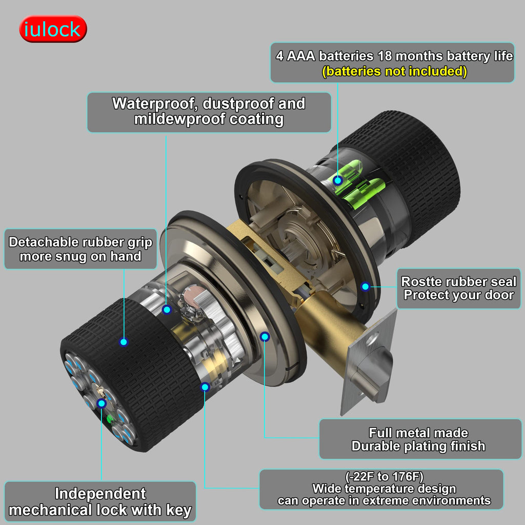 Smart Door Knob with Keypad and Key, Keyless Entry Door Lock with Rubber Grip, Auto Lock, 50 User Code, Waterproof, Easy