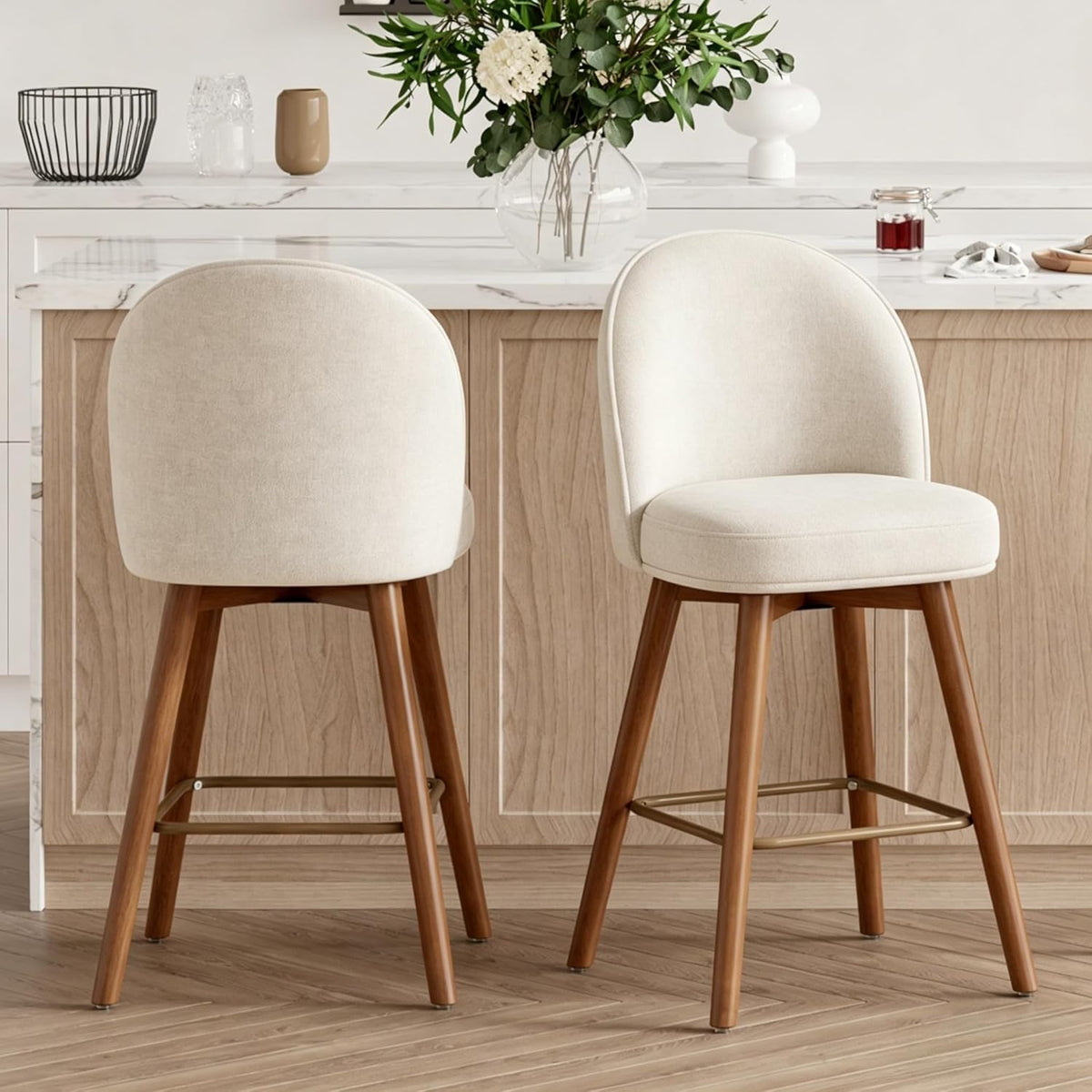 Modern Swivel Bar Stools Set of 2, Chic Upholstered Counter Height（26IN） Bar Chair with Back, Solid Wood Legs