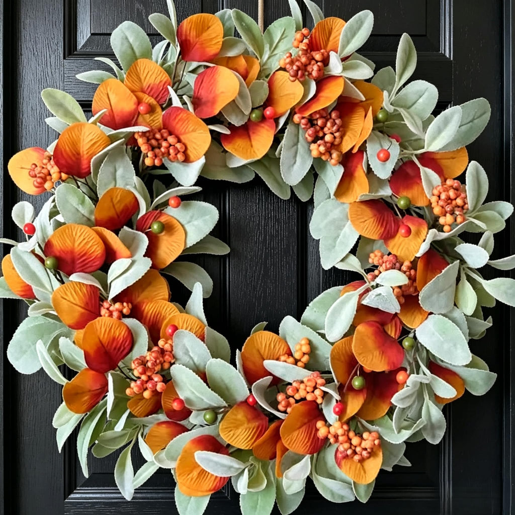 22 inch Fall Wreath for Front Door Artificial Autum Wreaths with Lamb's Leaves Eucalyptus Leaves Berries Wreath for