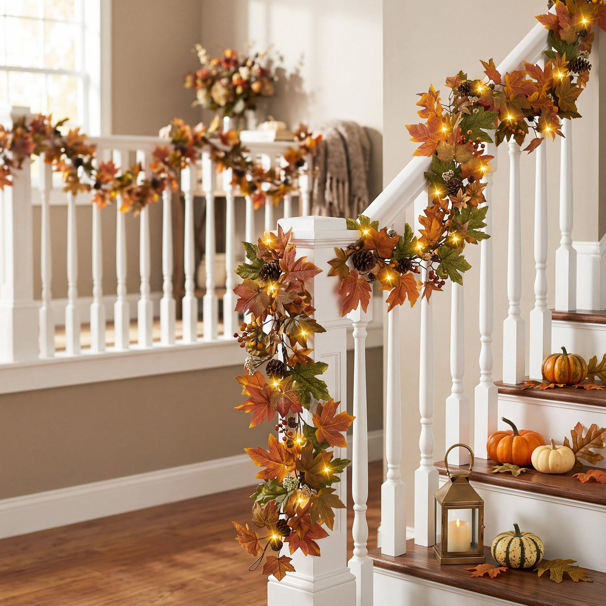 Fall Maple Leaf Garland, 6 Ft Fall Decor Garland with 30 Warm Lights