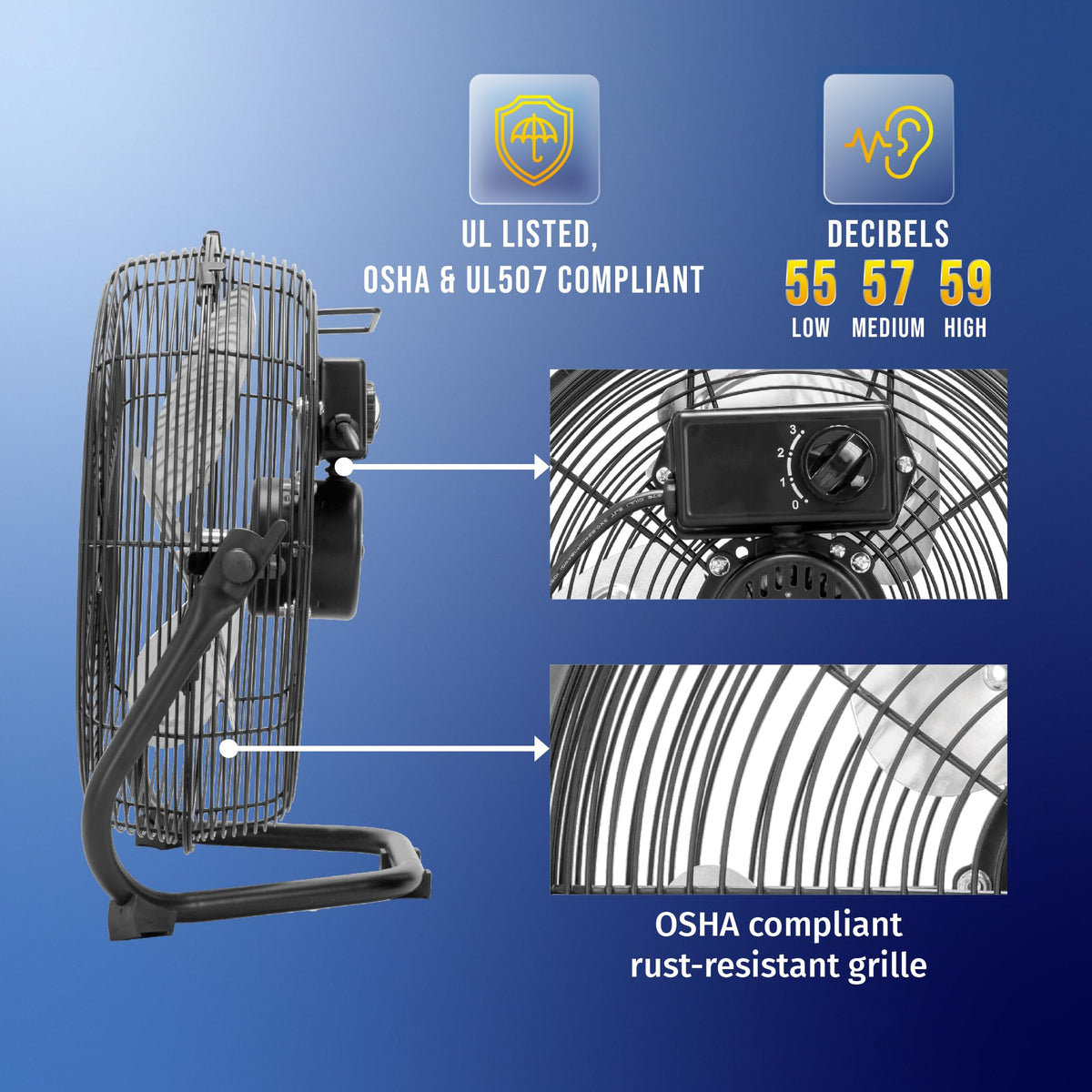 12 Inch Industrial Powerful Metal Floor Fan, 3-Speed High Velocity Cooling Floor Fan for Industrial, Commercial, and