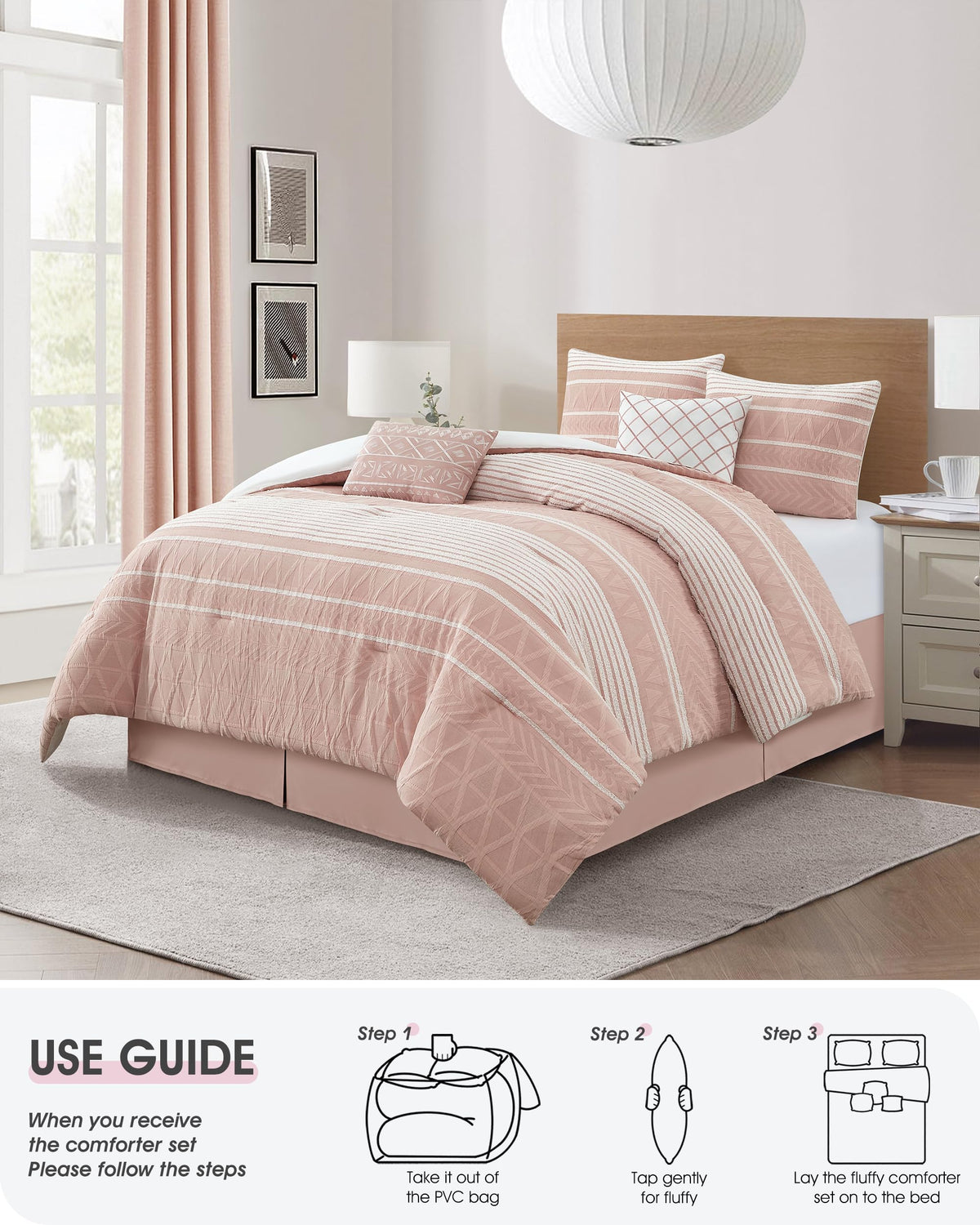 Comforter Set, Gorgeous Geometric Jacquard, Blush Soft Lightweight Bedding Set for All Seasons, Bedskirt, Pillow