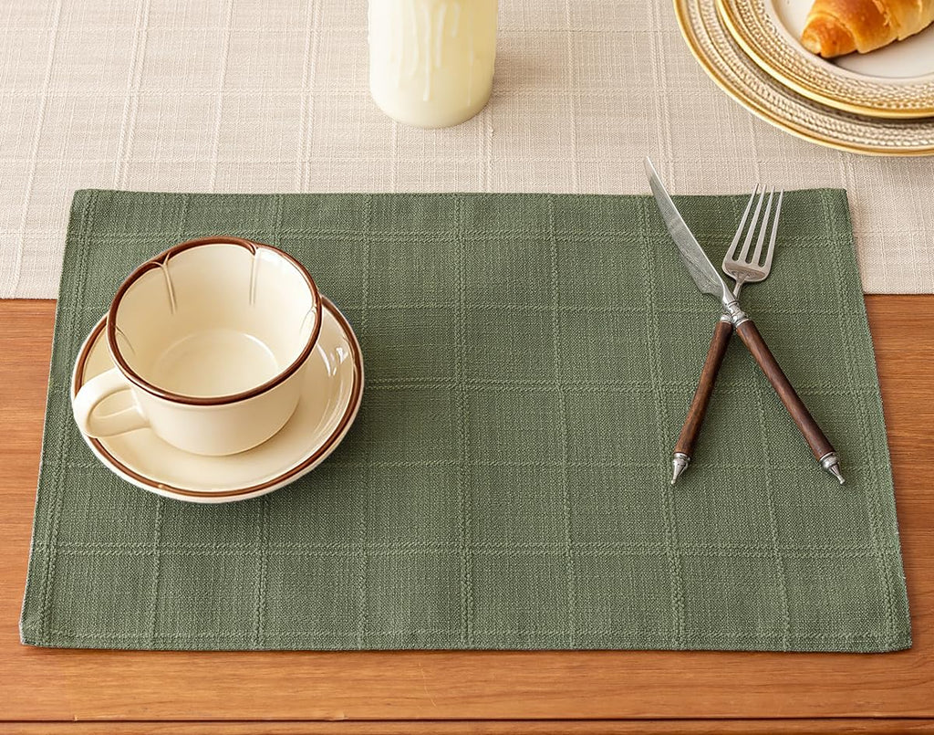 Linen Checked Placemats Set of 6, Sage Green Place Mats 12x18 Inch