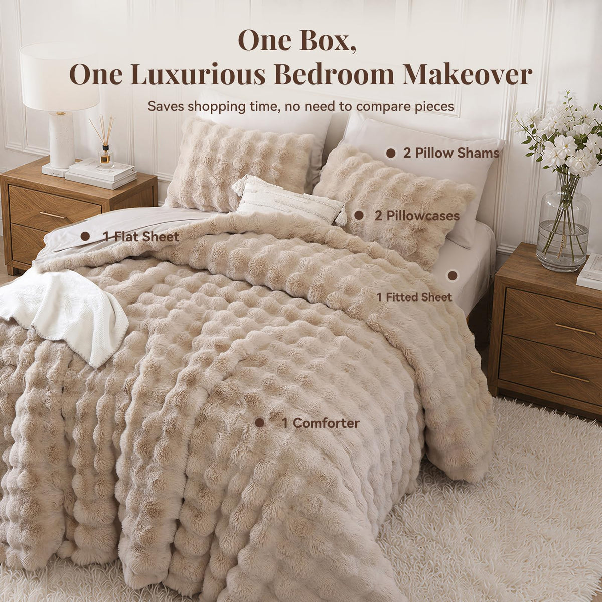 Faux Rabbit Fur Fluffy Comforter Set - 7 Piece Bed in a Bag
