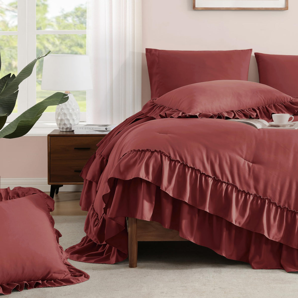 Comforter Set Syrah Red Ruffle 7 Pieces Farmhouse Bed in a Bag