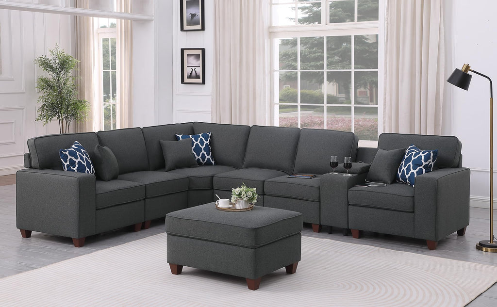 127" Modular Sectional Sofa with Movable Ottoman&Nailhead Trim Armrest, L-Shape Convertible Couch W/Cup Holder, USB