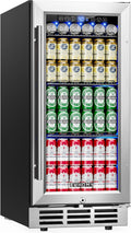 15 Inch Beverage Refrigerator Cooler Under Counter 127 Cans Beverage Fridge Built-in or Freestanding with Glass Door