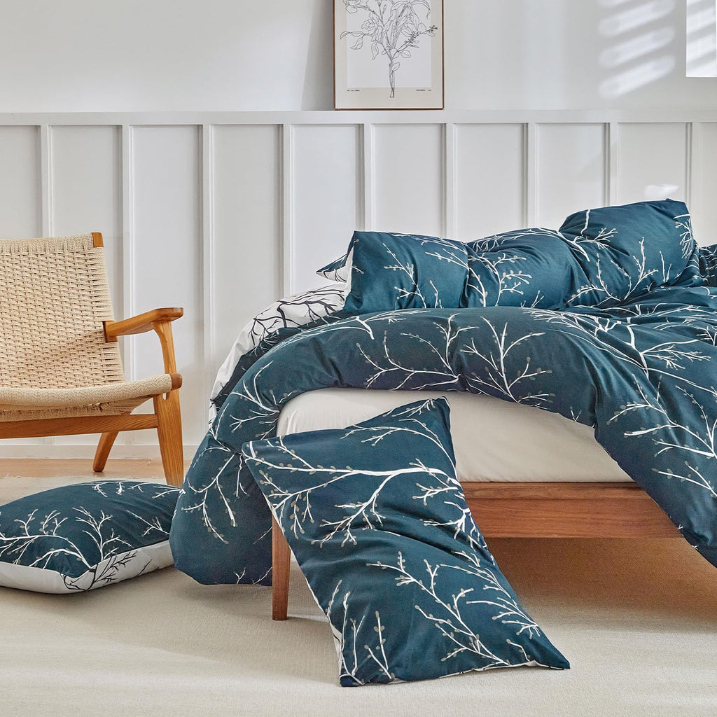 Reversible Duvet Cover, Dark Blue White Thin Branch