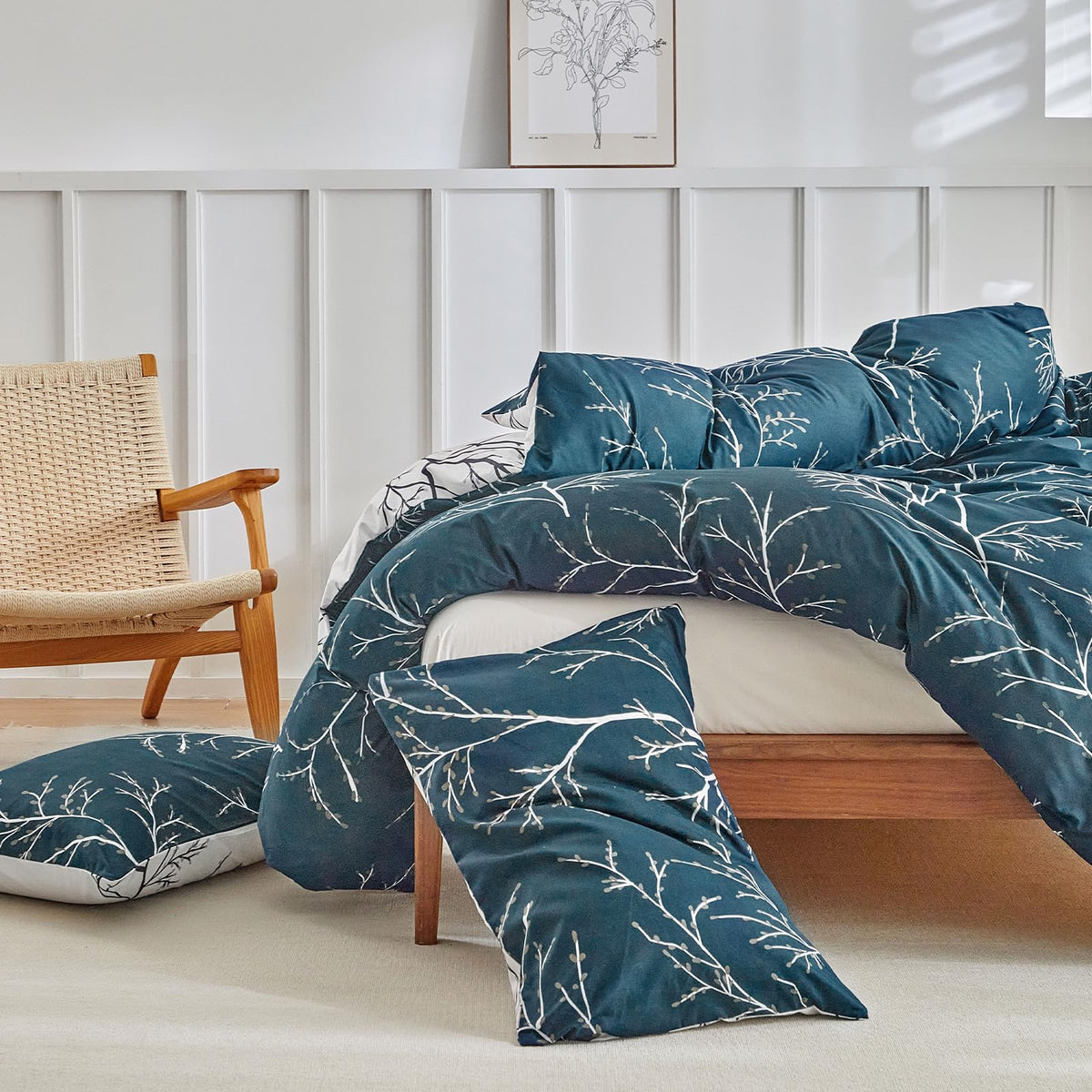Reversible Duvet Cover, Dark Blue White Thin Branch