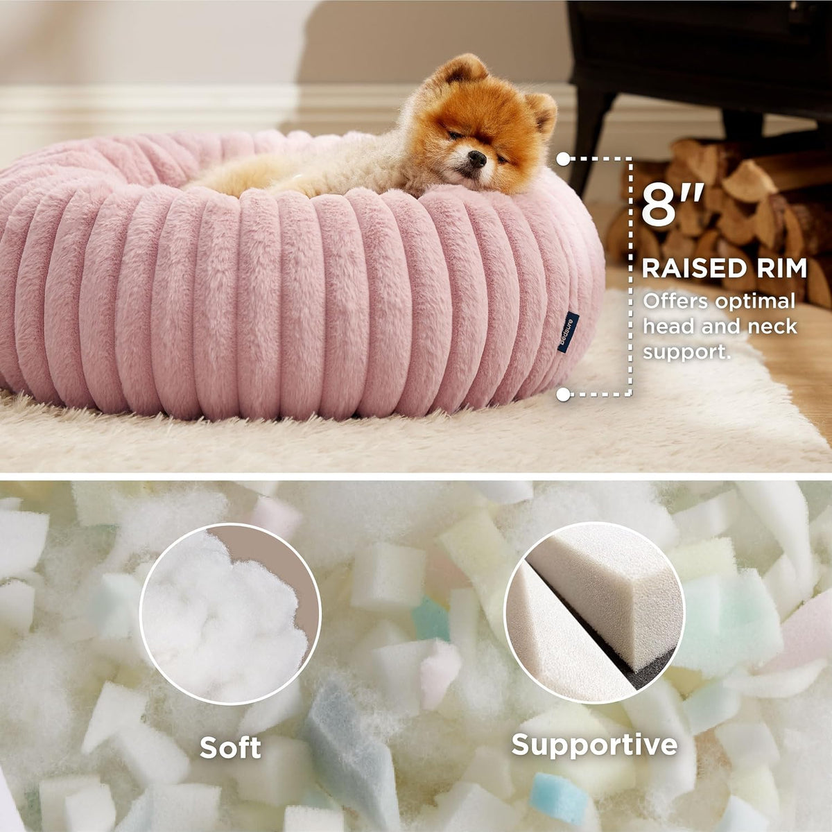 ComfyFleece Donut Small Dog Bed - Dog Beds for Small Dogs with Corduroy Fleece & Anti Slip Bottom, Round Faux Fur