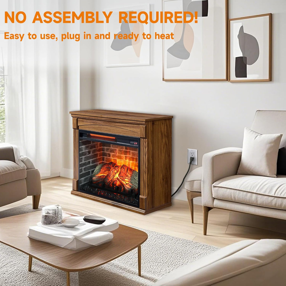28 Inch Electric Fireplace with Mantel, Freestanding Heater with Realistic Flame and Logs, Remote Control, Timer, Adjustable 4 Flame Brightness, Indoor Fireplace for Living Room or Bedroom