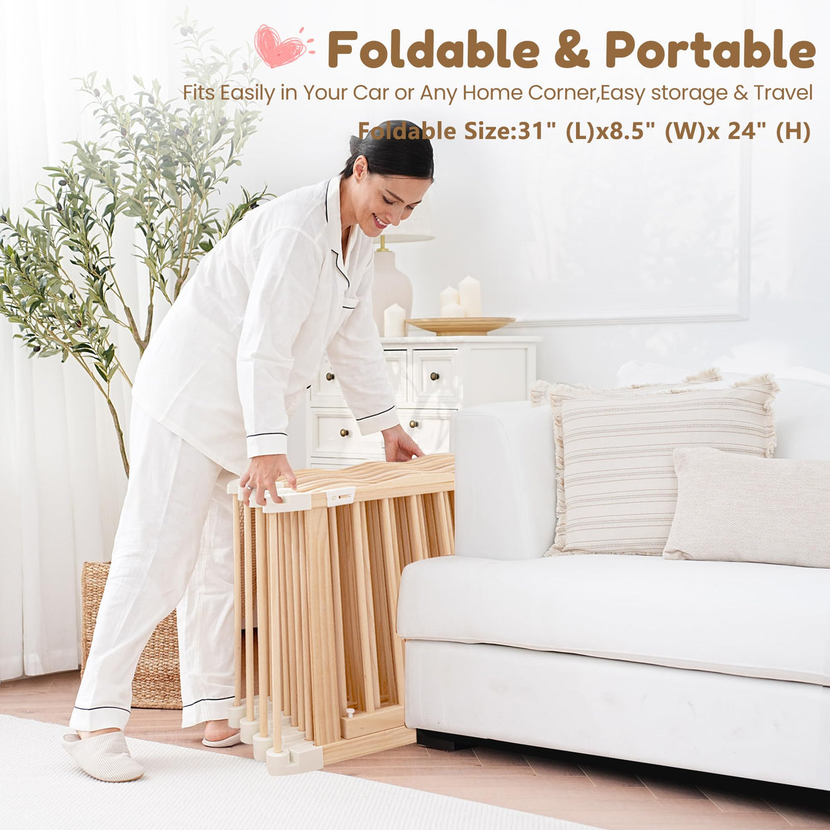 Wooden Baby Playpen Foldable Play Yard with Gate 59"x59" Natural Wood