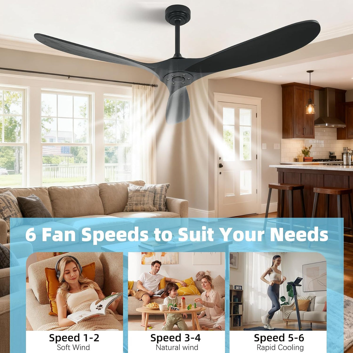 Outdoor Ceiling Fan Without Light, 60 Inch Smart Ceiling Fan with Remote & Voice Control for Compatible with Alexa/Google, 3-Blade Wood Fan, Quiet DC Motor, 6 Speeds for Patio, Porch, Farmhouse