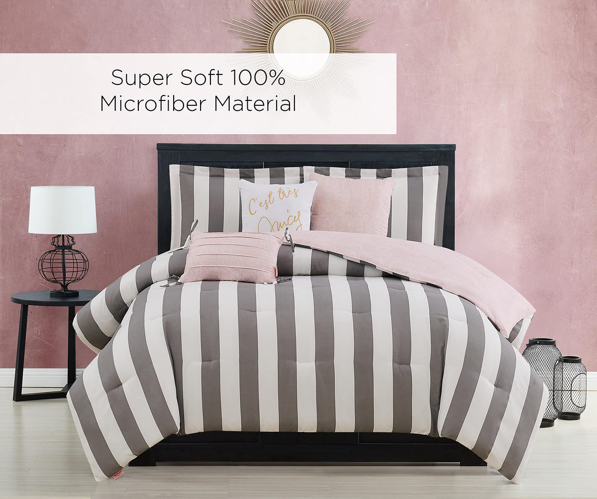 Cabana Stripe Reversible Bedding Set - Grey and White Stripe Print - 6 Piece Set - Includes 1 104" x 90"
