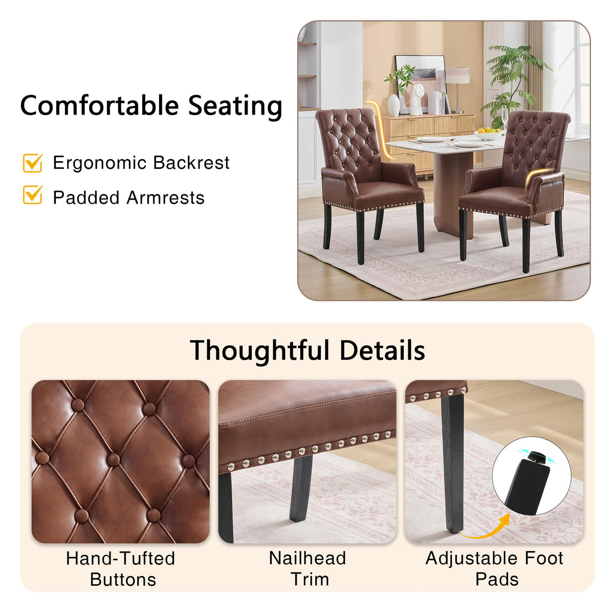 PU with Arms, High Back Dining Room Chairs, Brown