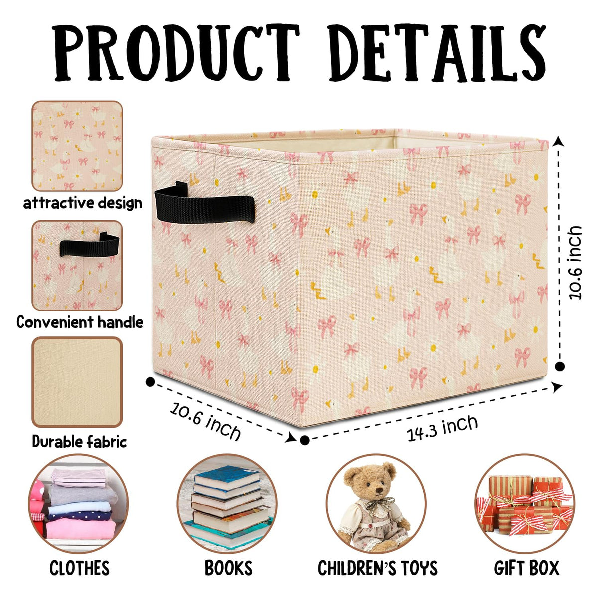 Pink Bow Floral Goose Storage Bins Box with Handles, Goose Nursery Decor, Preppy Geese Laundry Basket Hamper