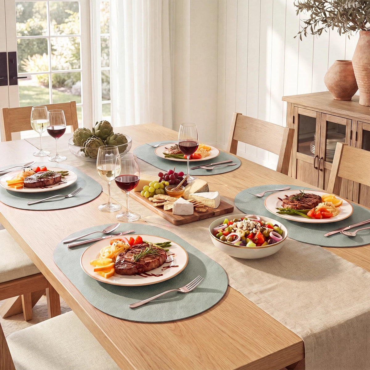 Vinyl Faux Leather Oval Placemats, Set of 8, Green
