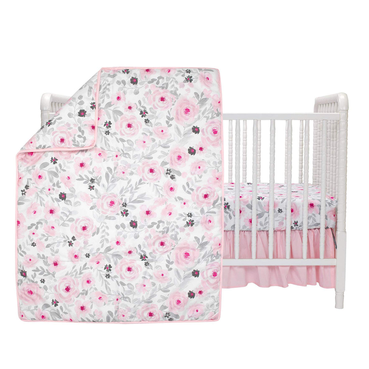 Blossom Pink Watercolor Floral 3-Piece Baby Crib Bedding Set