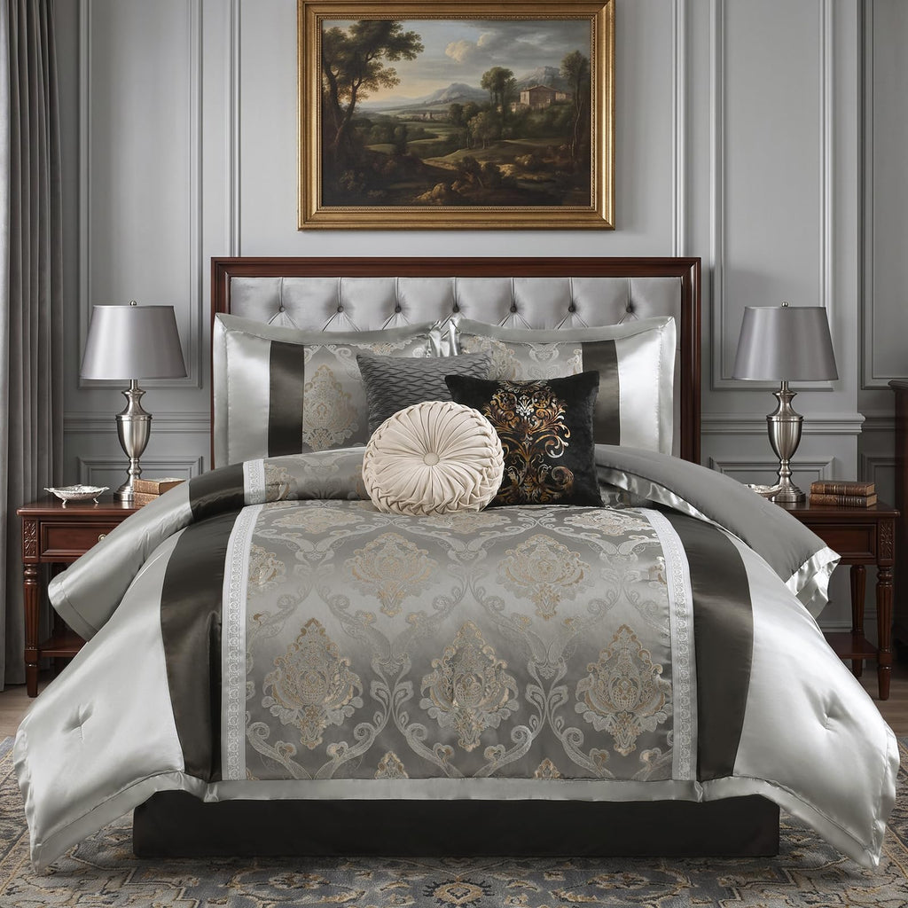 7 Piece Comforter Set - Luxury Vintage Damask Jacquard Bed in Bag, All Season Striped Patchwork Thick