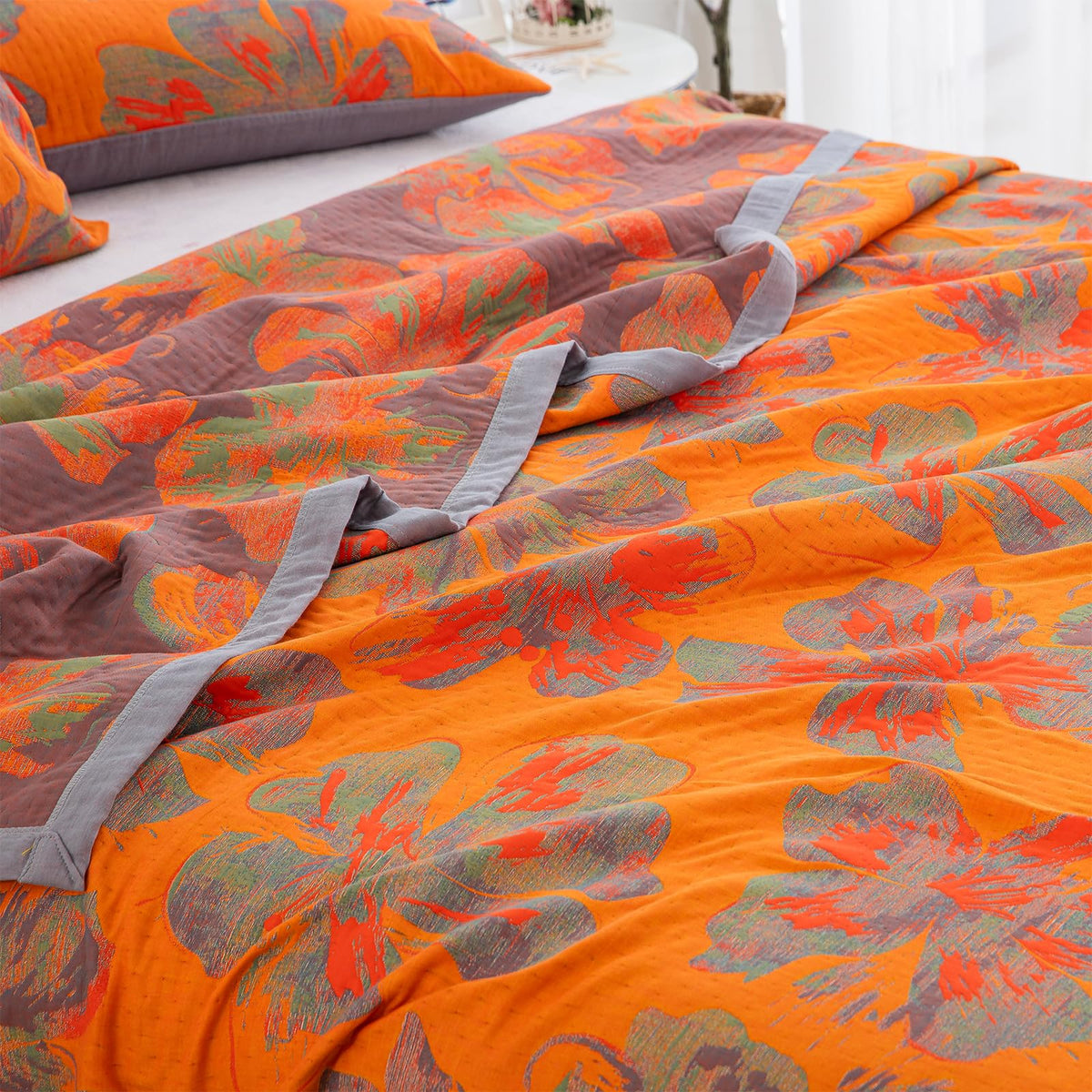 Quilt Set, 100% Cotton Muslin 3-Layer Soft Breathable Lightweight Reversible Bedspread, Jacquard Orange