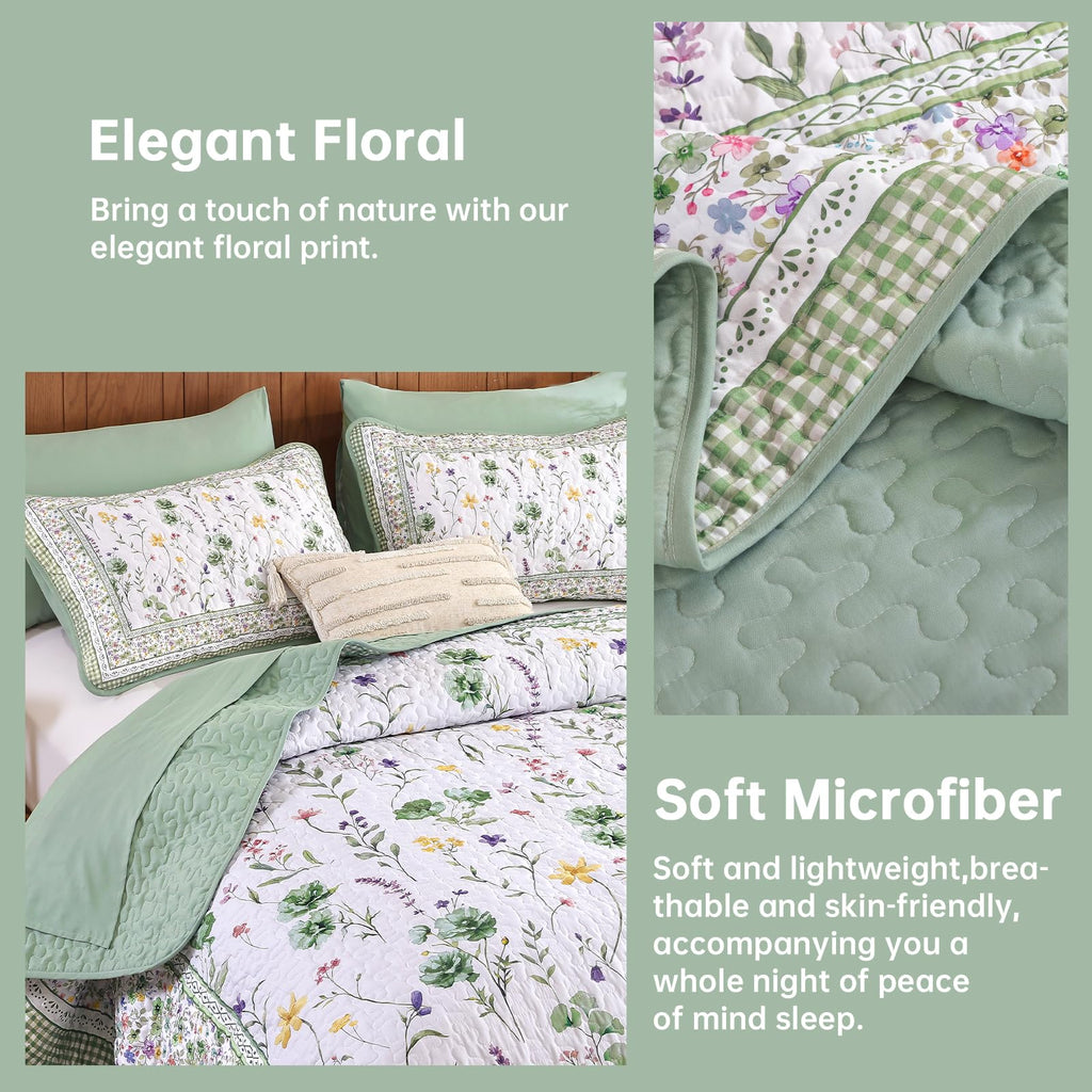 Floral Quilt Set, 3 Pcs Green Bedspreads Coverlet Set