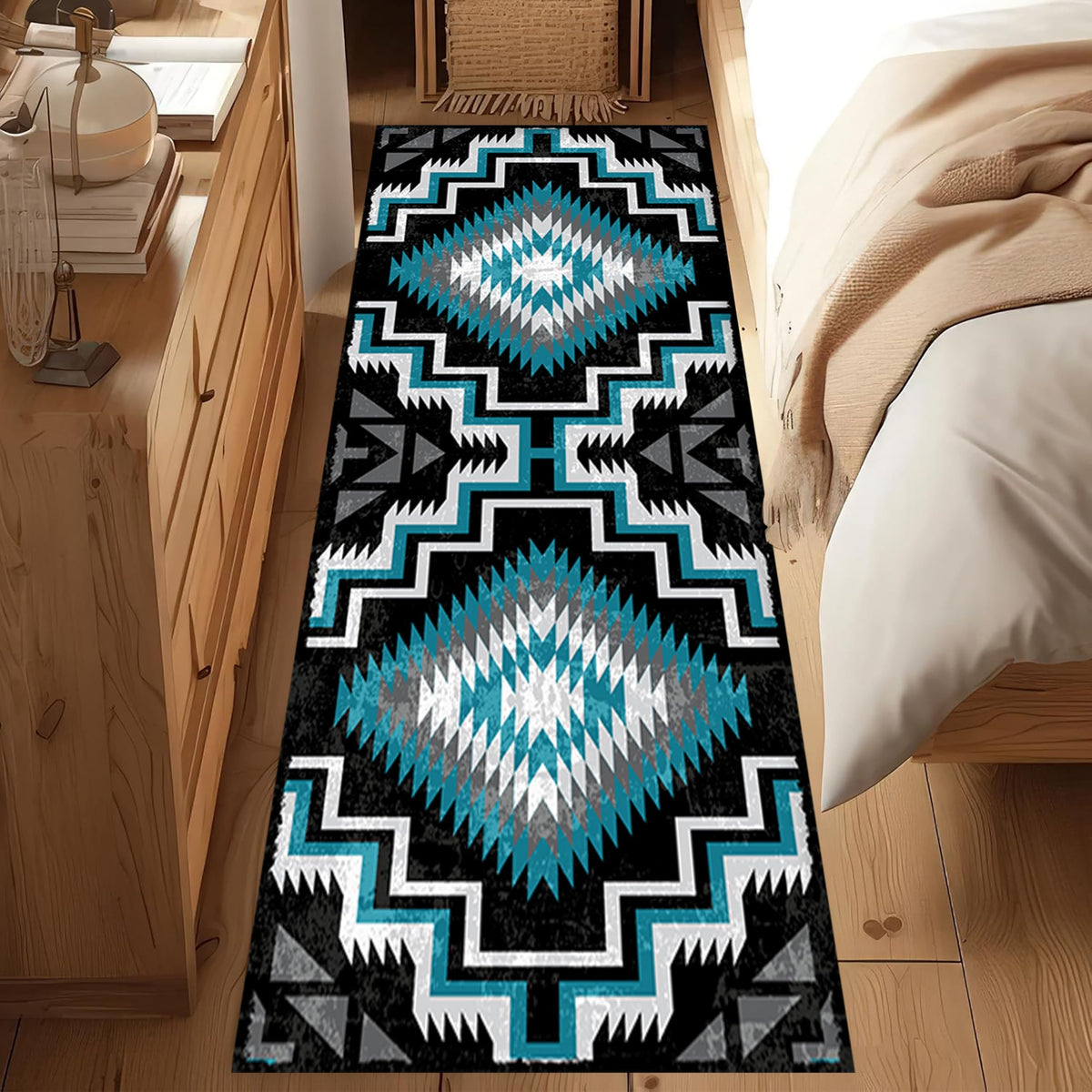 Mexican Long Runners Rug, 2x7ft, Rustic Country Native American Aztec Abstract Geometric Accent Rug, Neutral Carpet