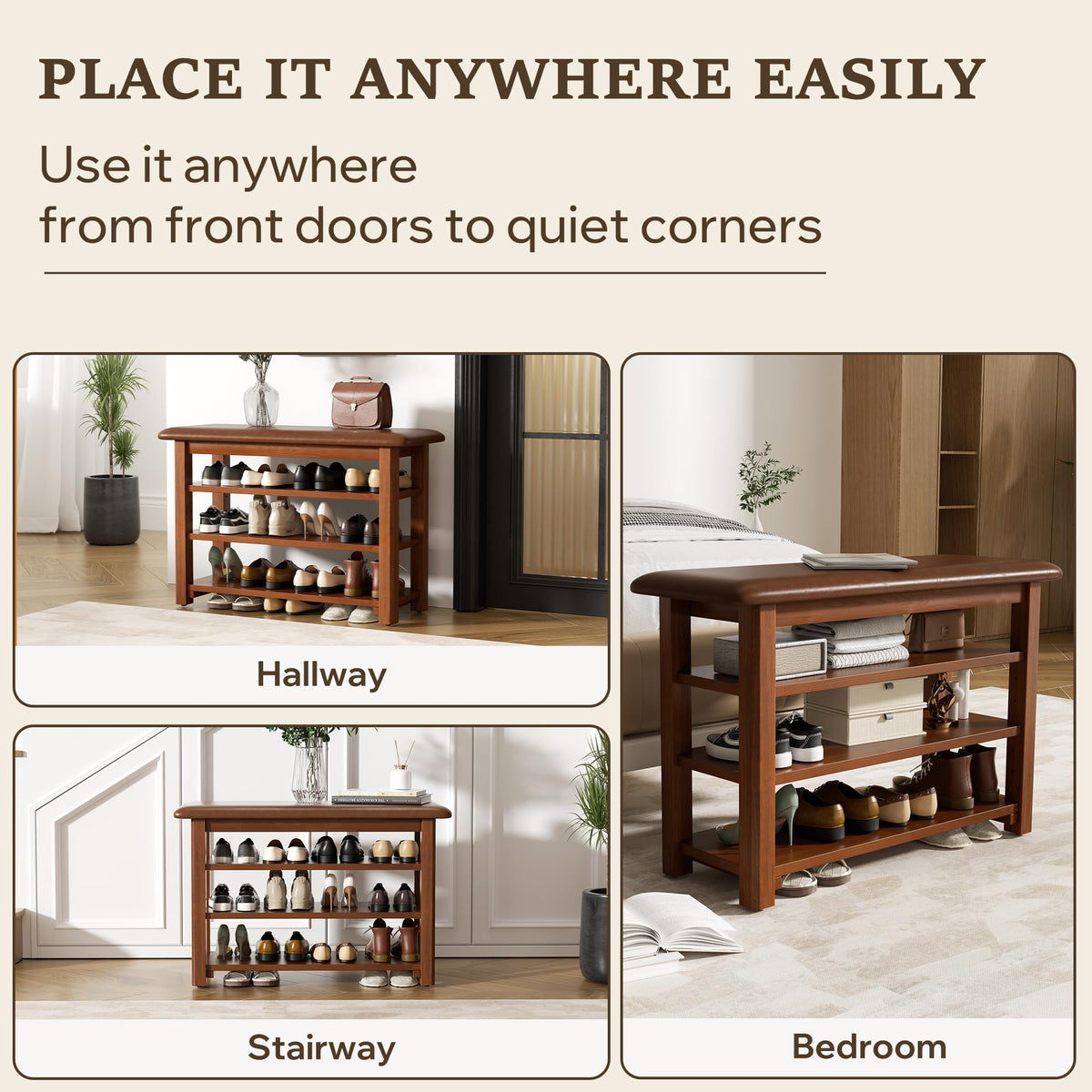 Shoe Rack Bench with Leather Cushion 3-Tier Shoe Rack Organizer Hallway or Living Room Farmhouse Rustic Wooden Seat