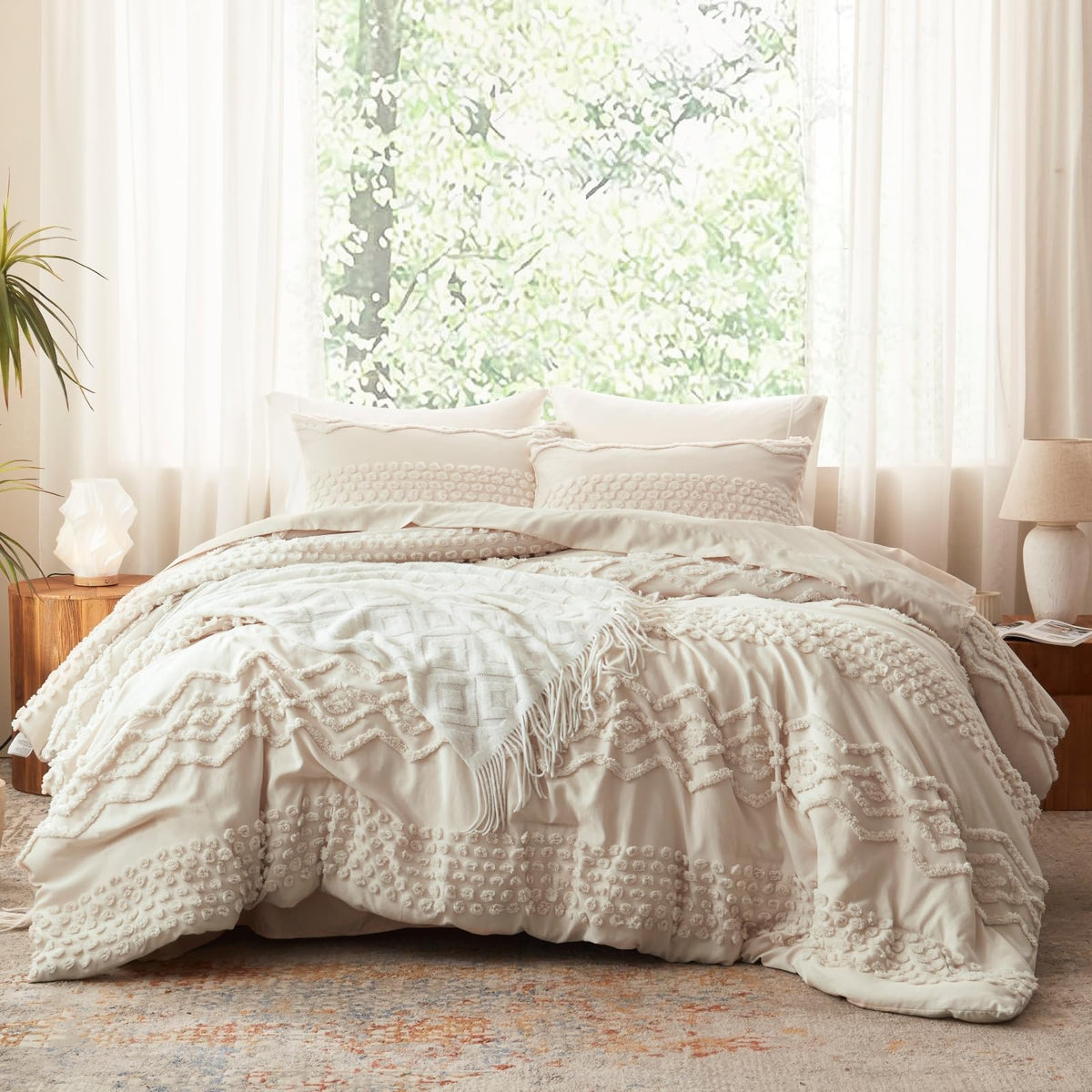 Beige Tufted Comforter Set, 3 Pieces Queen Size Boho Bedding Set