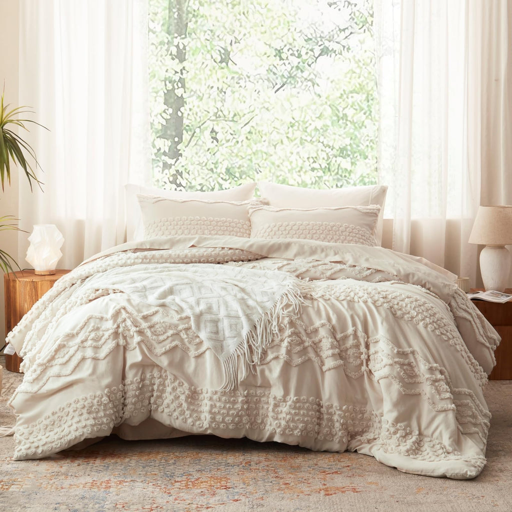 Beige Tufted Comforter Set, 3 Pieces King Size Boho Bedding Set
