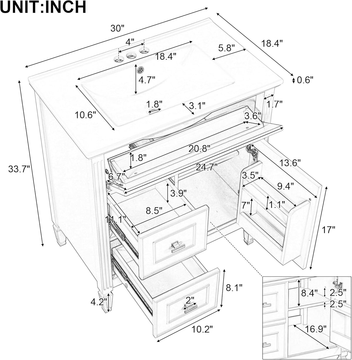 30" Bathroom Vanity with Sink, Free Standing Vanity Set with Tip-Out Drawer, 2 Drawers