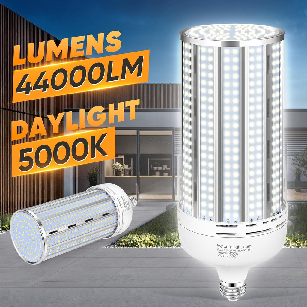 2 Pack 400W Corn LED Light Bulb Fanless,5000K Daylight(Eqv.1,200w Mh/Hps/Hid) Non-Dimmable E26/E39 Large Mogul Base
